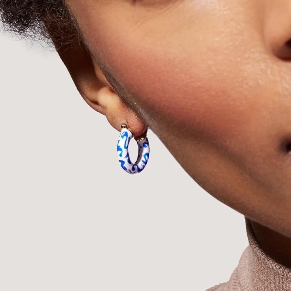 Gold Plated 925 Sterling Silver Hand Painted Porcelain Hoop Earrings - Picture 4 of 8